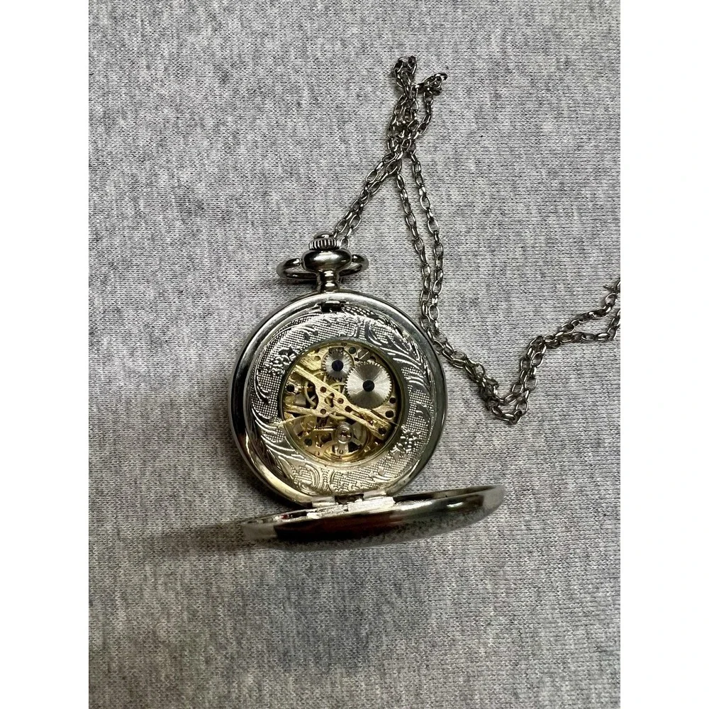 Silver Skeleton Steampunk Mechanical Pocket‎ Watch Hunter Case